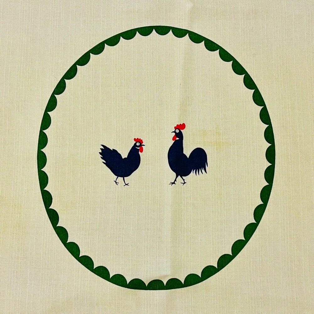 Vintage Rooster & Hen Yellow Green Border Tablecloth 34x38